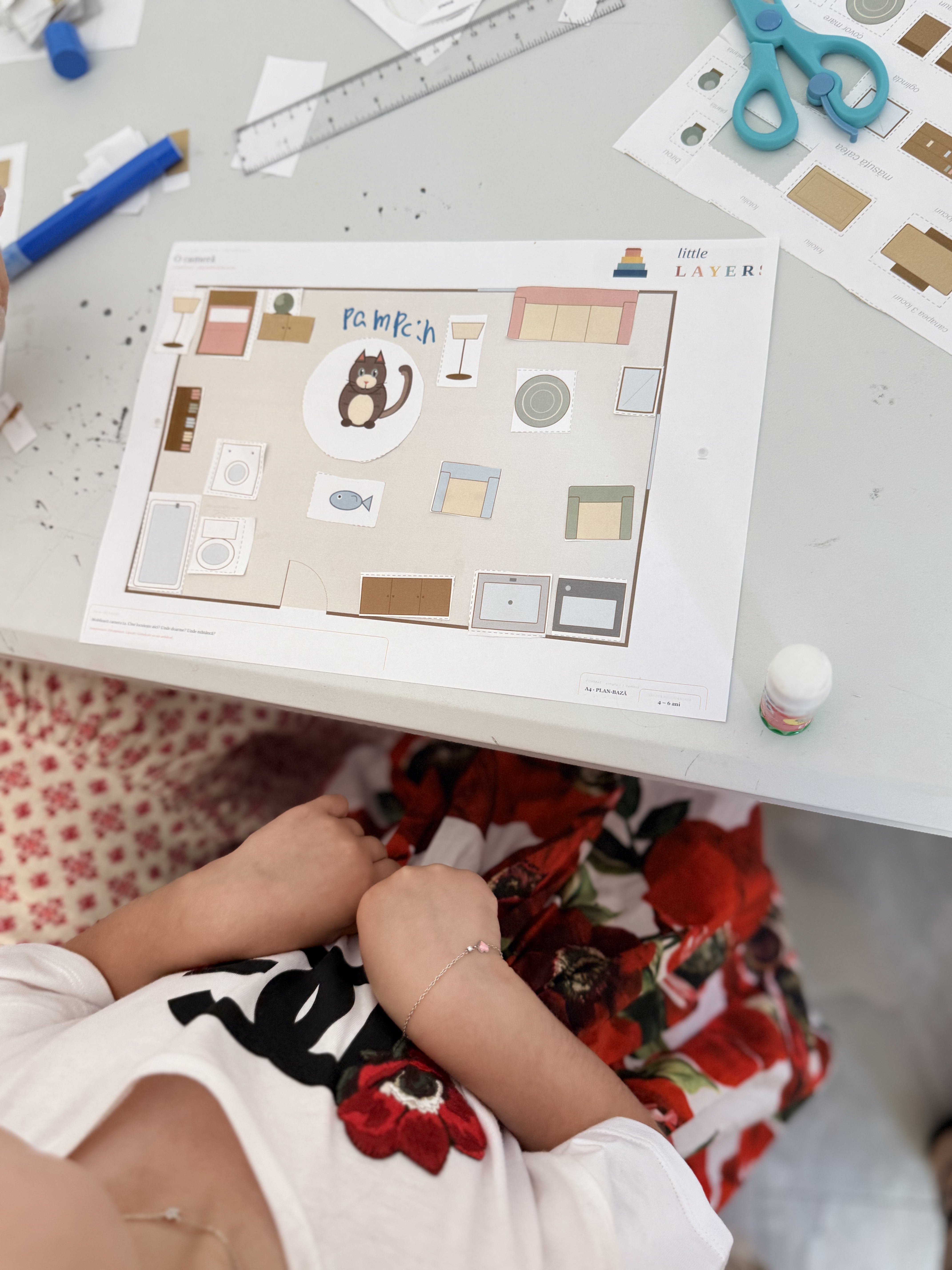 Vedere de sus a unui plan de cameră cu mobilier de hârtie așezat și o pisică numită Pampon în mijloc